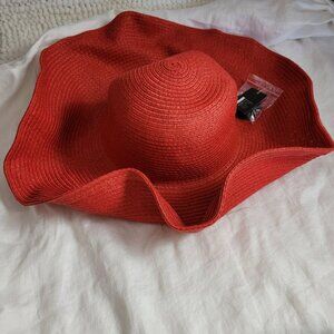 NEW Assqi Hat Red Straw Style Women's Wide Brim w/strap NWT